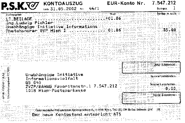 Überweisungsbeleg: 35 Euro "Photohonrar ÖVP Wien 1" an TATblatt
